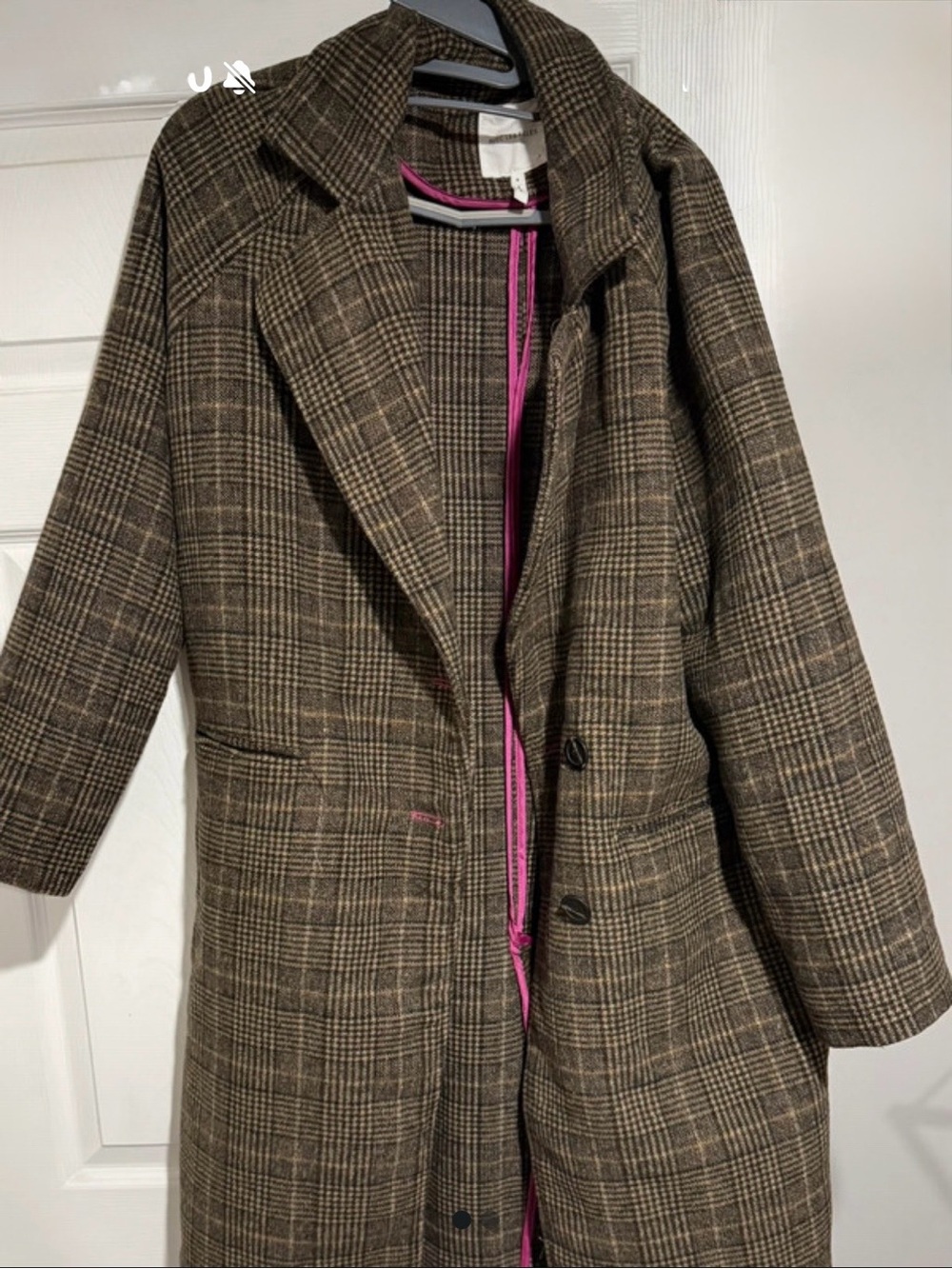 Avec Les Filles Brown Plaid Trench Coat with Pink Trim